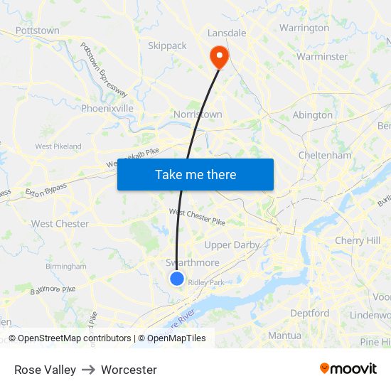 Rose Valley to Worcester map