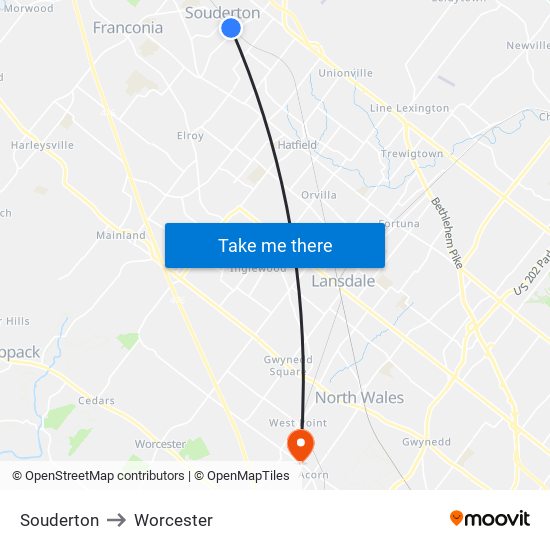 Souderton to Worcester map