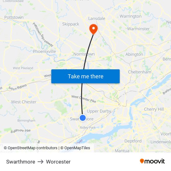 Swarthmore to Worcester map