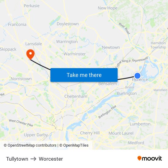Tullytown to Worcester map