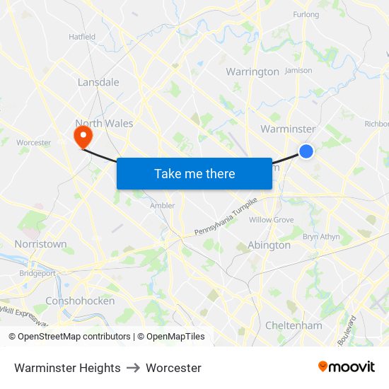 Warminster Heights to Worcester map