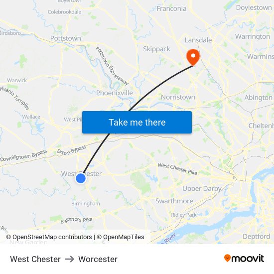 West Chester to Worcester map