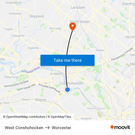 West Conshohocken to Worcester map