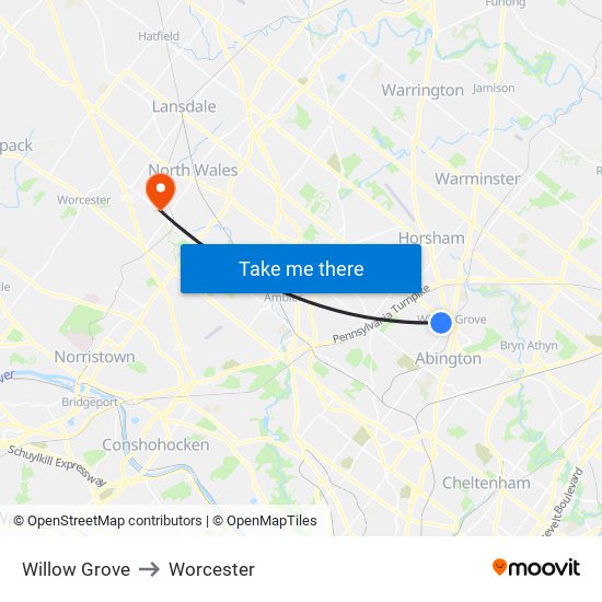 Willow Grove to Worcester map