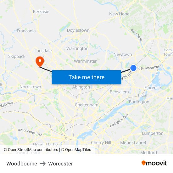 Woodbourne to Worcester map