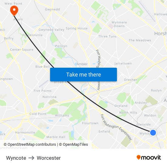 Wyncote to Worcester map