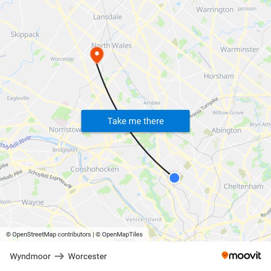 Wyndmoor to Worcester map