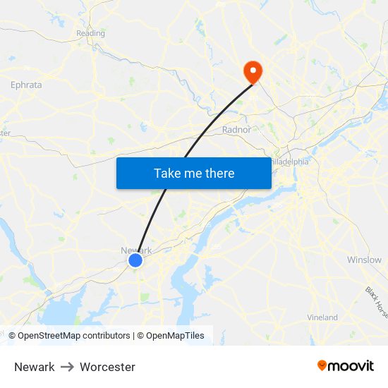 Newark to Worcester map