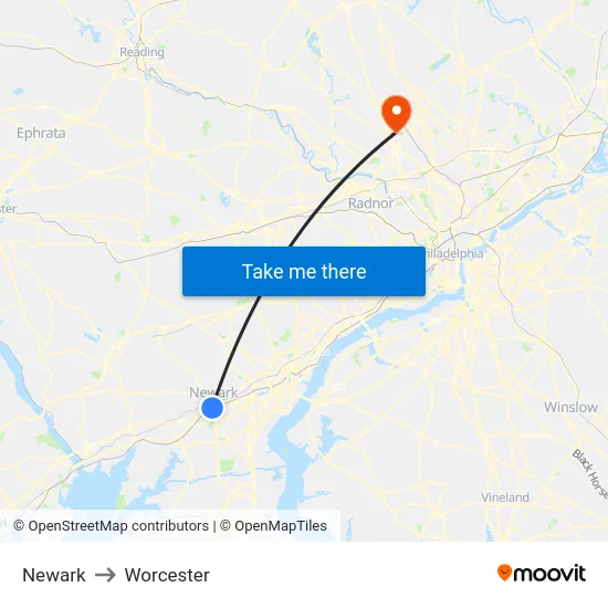 Newark to Worcester map