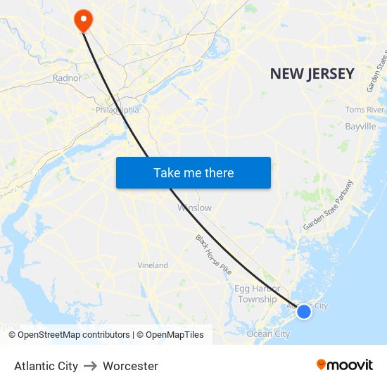 Atlantic City to Worcester map
