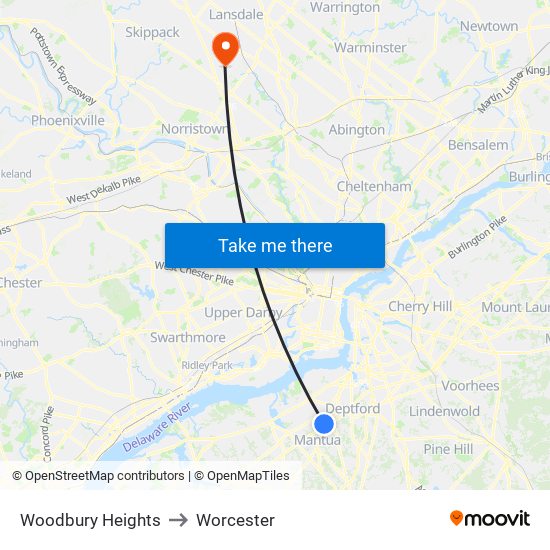 Woodbury Heights to Worcester map