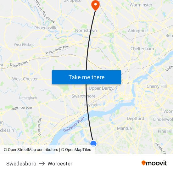 Swedesboro to Worcester map