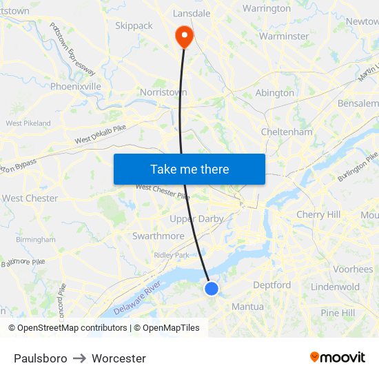 Paulsboro to Worcester map