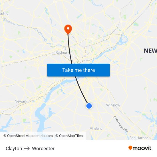 Clayton to Worcester map