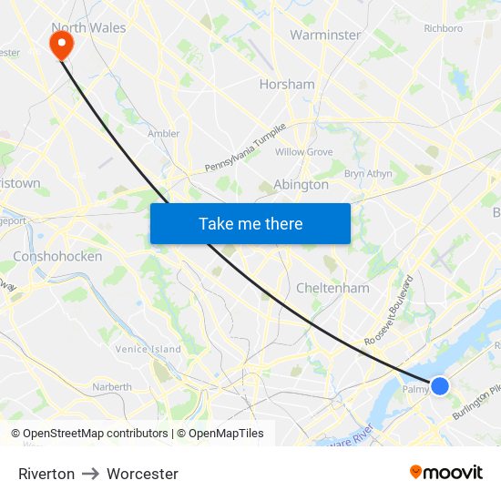 Riverton to Worcester map