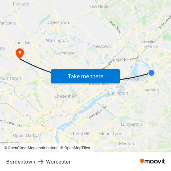 Bordentown to Worcester map