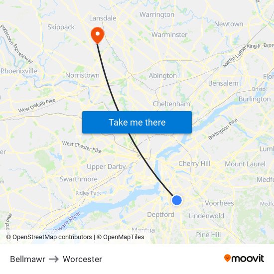 Bellmawr to Worcester map