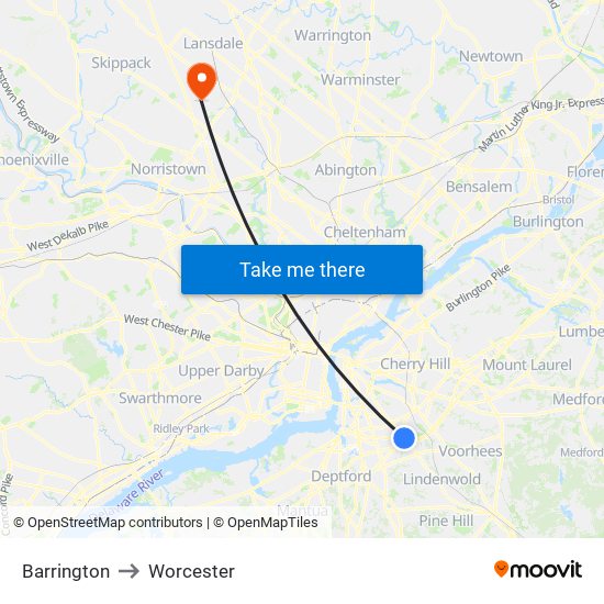 Barrington to Worcester map