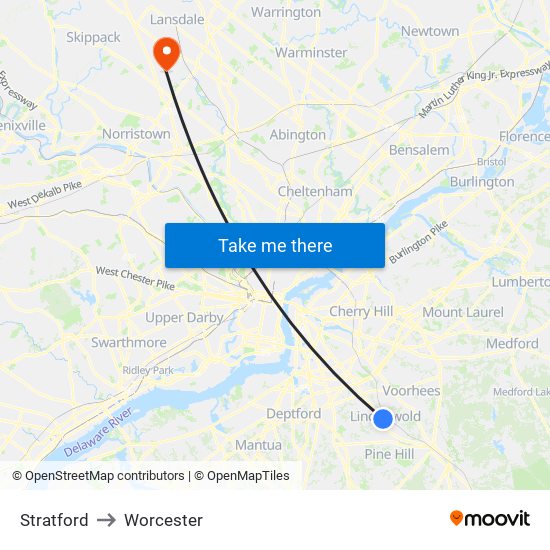 Stratford to Worcester map