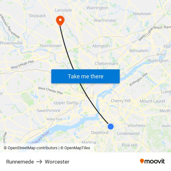 Runnemede to Worcester map