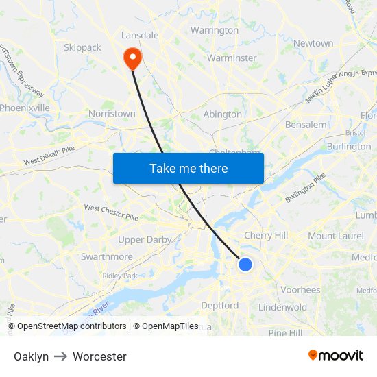 Oaklyn to Worcester map