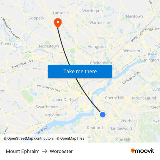 Mount Ephraim to Worcester map