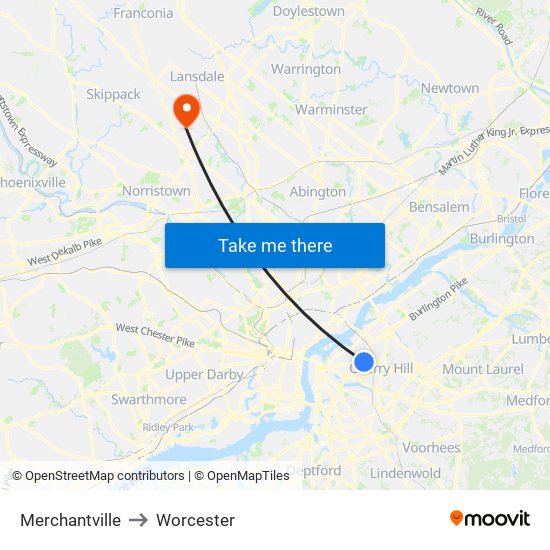 Merchantville to Worcester map