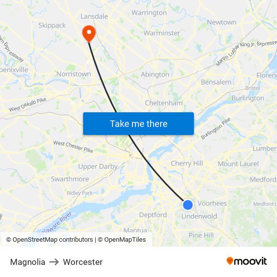 Magnolia to Worcester map