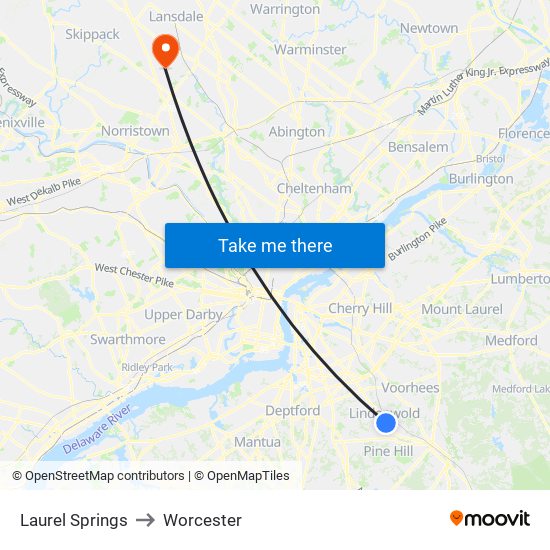 Laurel Springs to Worcester map