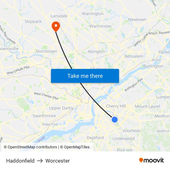 Haddonfield to Worcester map
