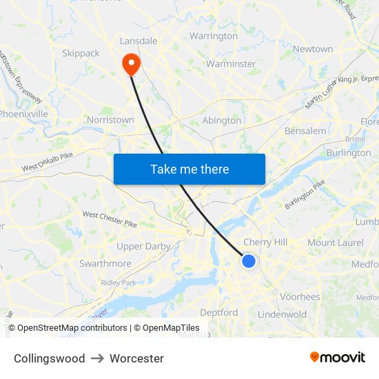Collingswood to Worcester map