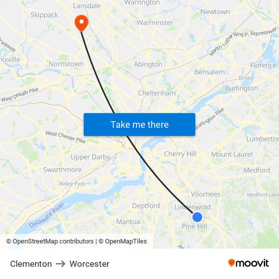 Clementon to Worcester map