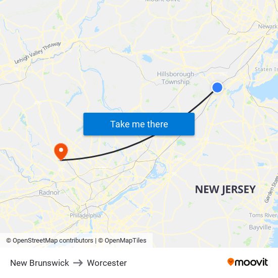 New Brunswick to Worcester map
