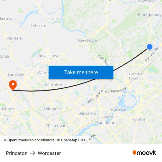 Princeton to Worcester map