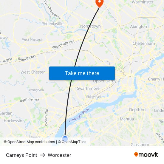 Carneys Point to Worcester map