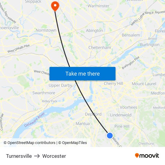 Turnersville to Worcester map