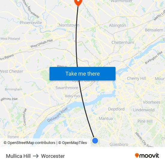 Mullica Hill to Worcester map