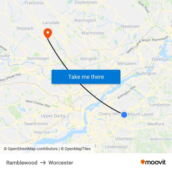 Ramblewood to Worcester map