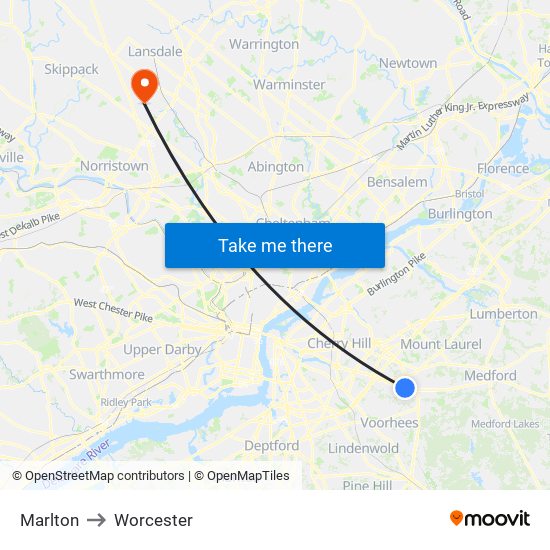 Marlton to Worcester map