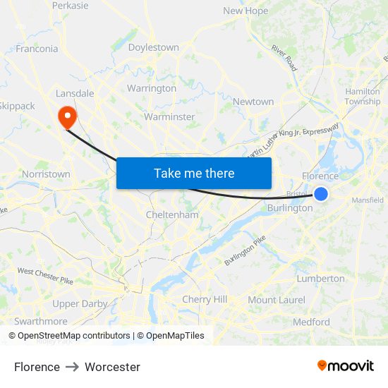 Florence to Worcester map