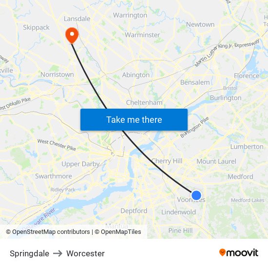 Springdale to Worcester map