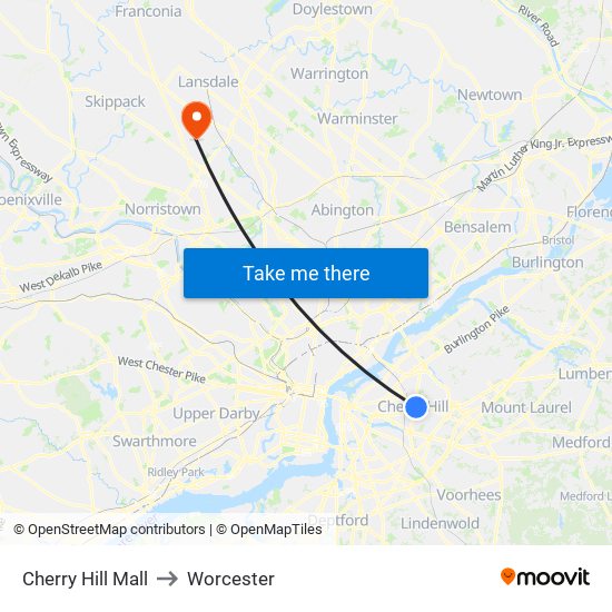 Cherry Hill Mall to Worcester map