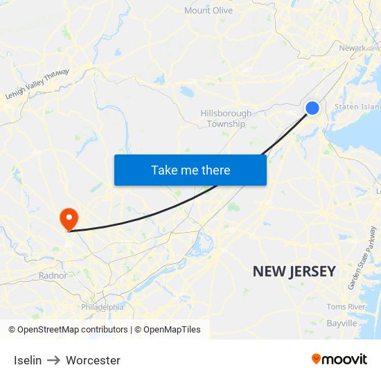 Iselin to Worcester map