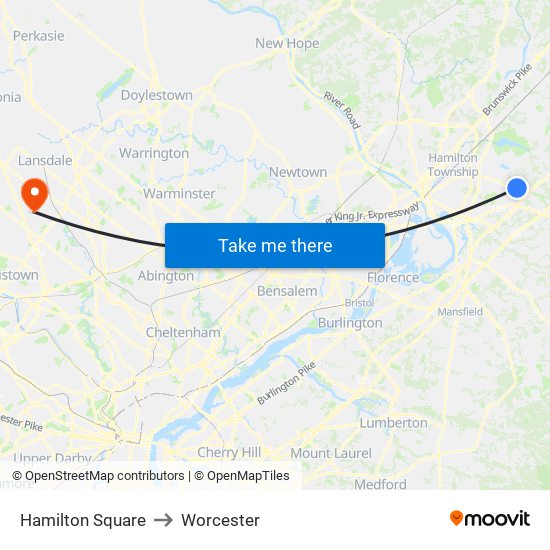 Hamilton Square to Worcester map