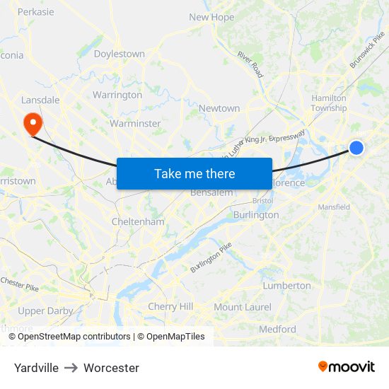Yardville to Worcester map