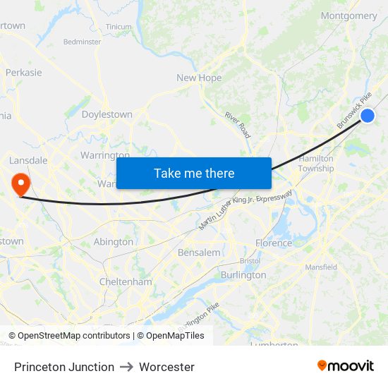 Princeton Junction to Worcester map