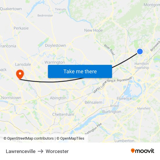 Lawrenceville to Worcester map