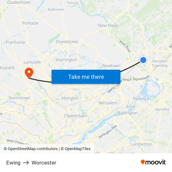 Ewing to Worcester map