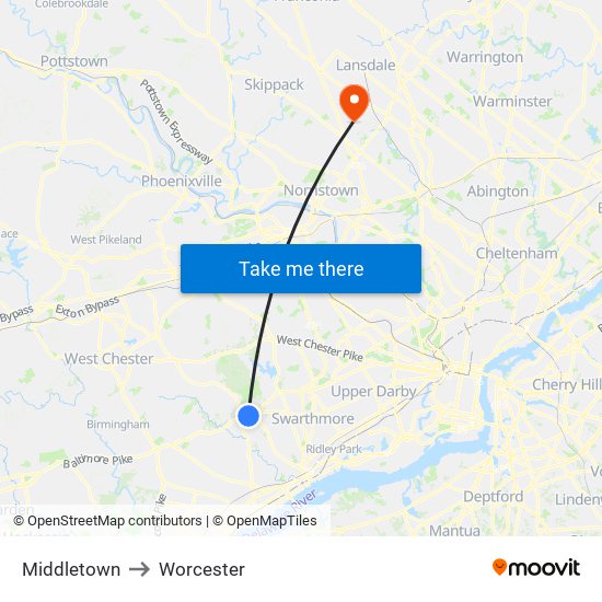 Middletown to Worcester map