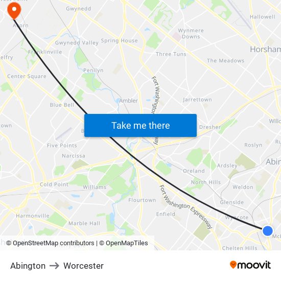 Abington to Worcester map